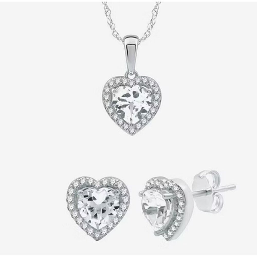 White Sapphire Earrings Necklace Sterling Silver Gift‎ Set $124 MSRP NWT